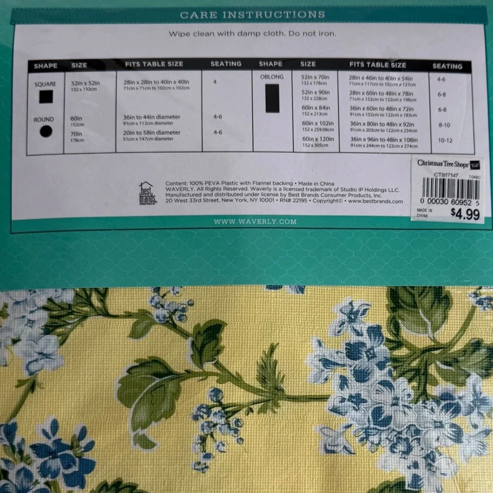 Waverly‎ Peva Flannel Back Tablecloth 52 x 52 Square Elizabeth Floral Yellow